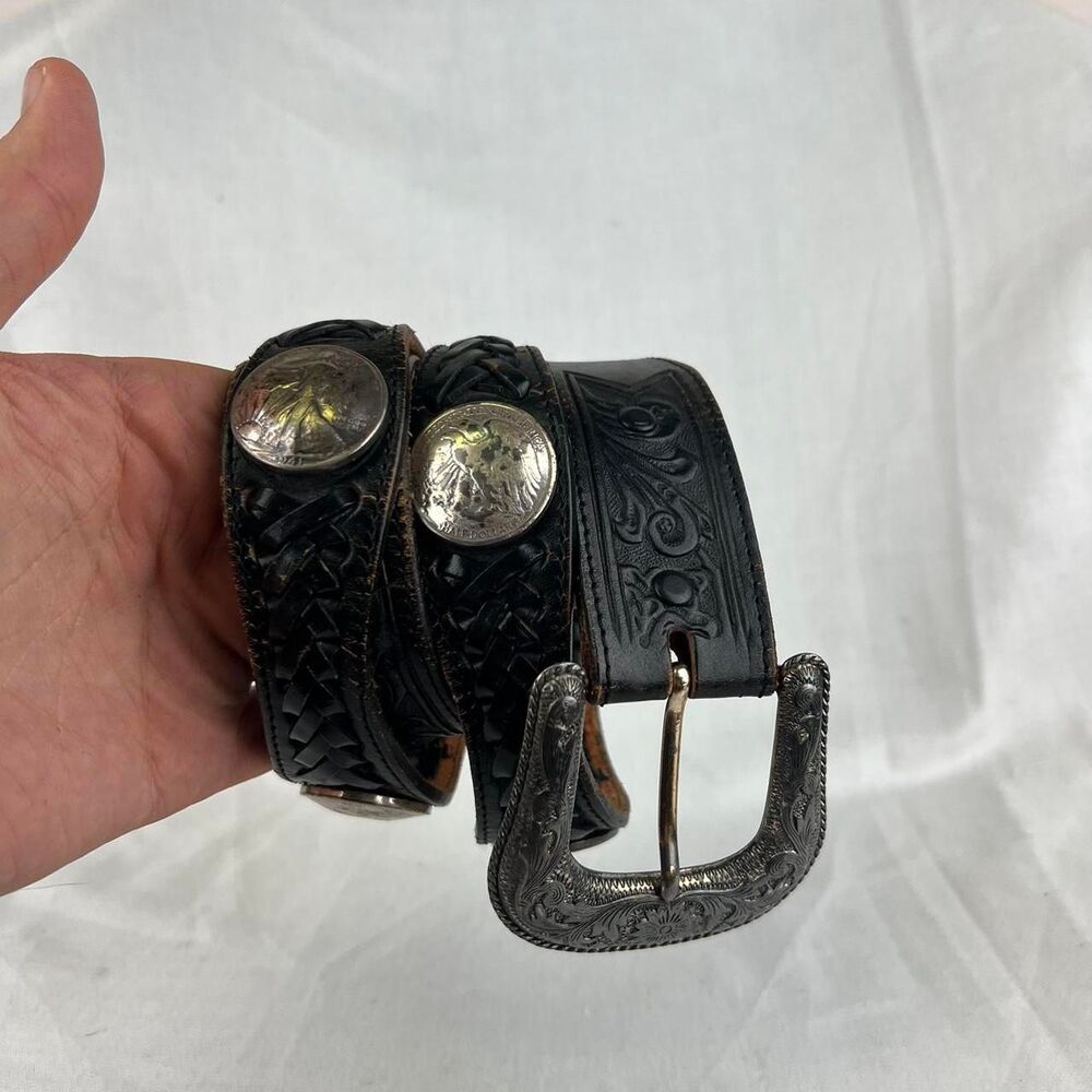 Justin 7 Half Dollars 1941 Top Grain Cow Hide Black Leather Belt Size 36
